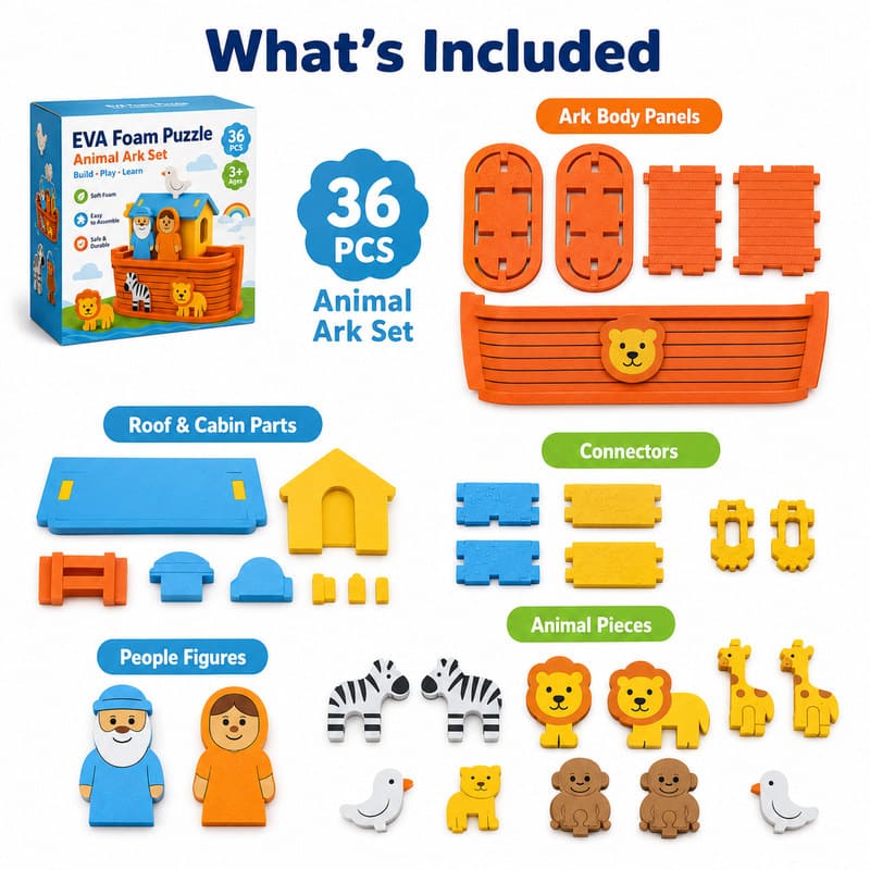 36-Piece Animal Ark EVA Foam Puzzle Set puzzle pieces and layout view