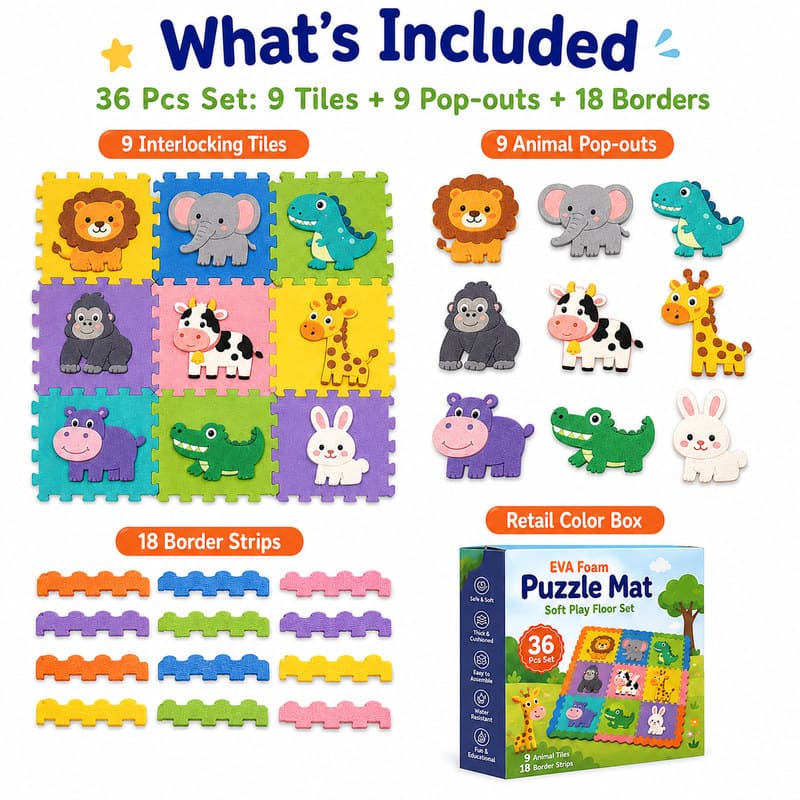 36-Piece Animal EVA Foam Puzzle Mat puzzle pieces and layout view