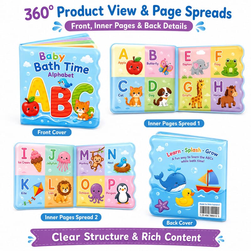Custom Alphabet Baby Bath Book – Waterproof Color Changing ABC Book cover and page view