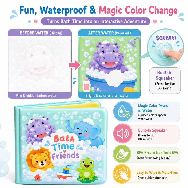 Custom Bath Time Friends Color Changing Bath Book – Waterproof Soft Book size and dimensions