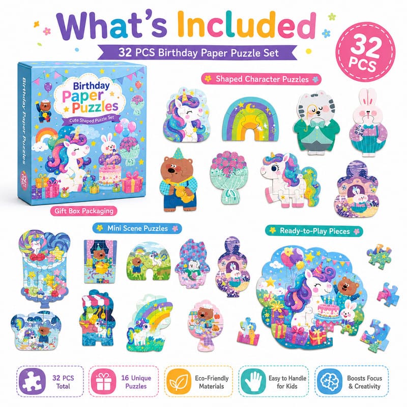Birthday Unicorn Paper Puzzle puzzle pieces and layout view