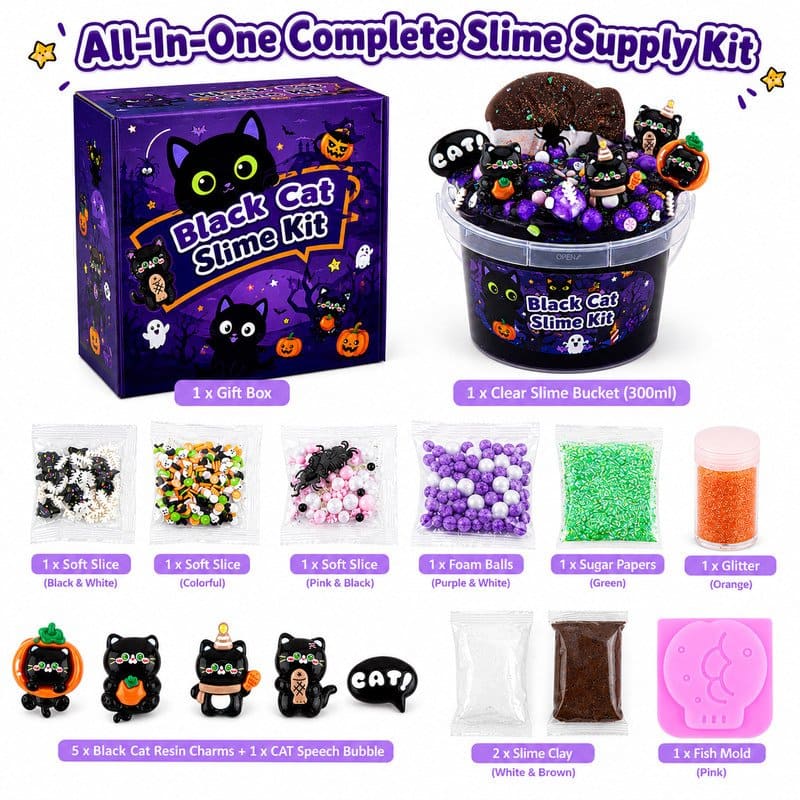 Black Cat Halloween Slime Kit kit contents view
