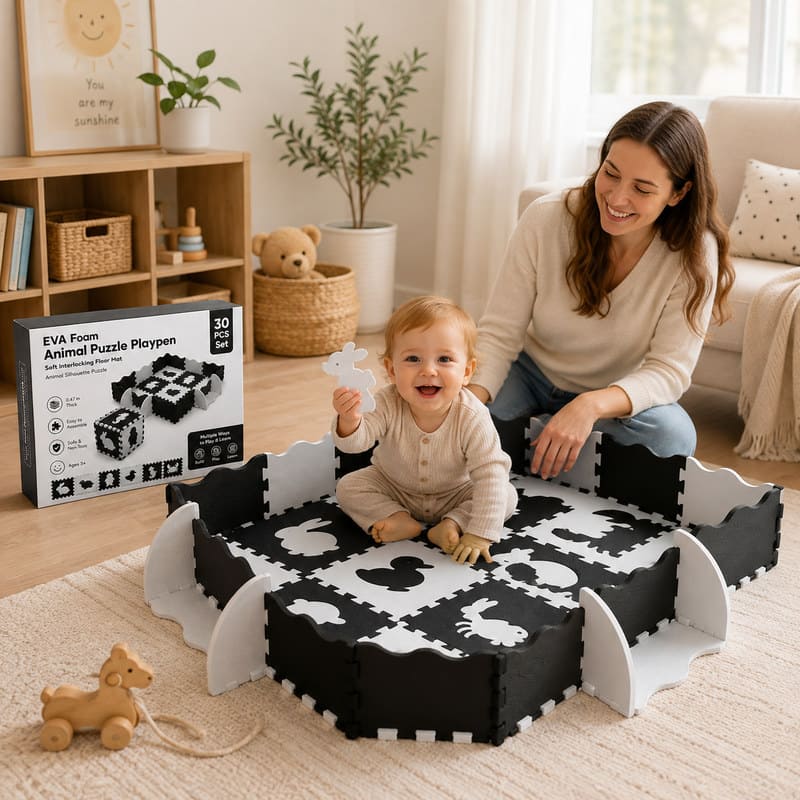 30-Piece Black & White Animal EVA Foam Puzzle Playpen completed puzzle view