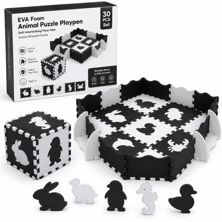30-Piece Black & White Animal EVA Foam Puzzle Playpen product image