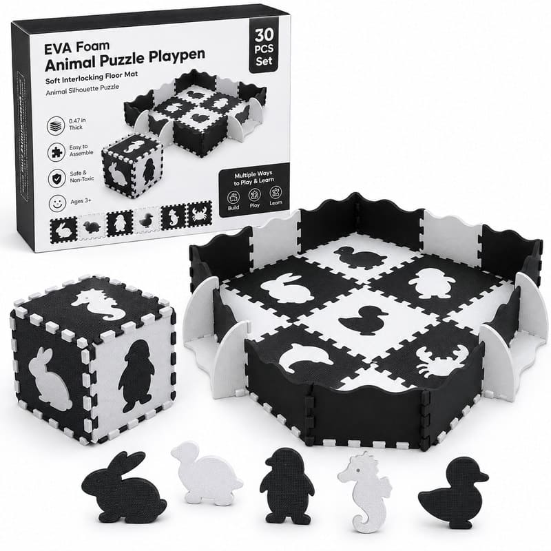 30-Piece Black & White Animal EVA Foam Puzzle Playpen front view