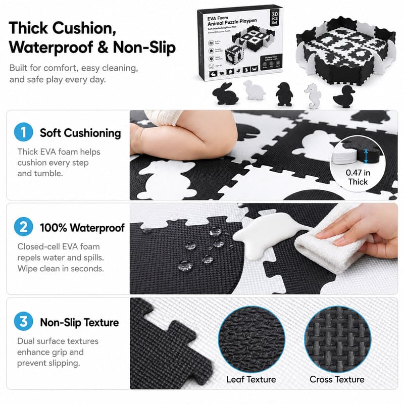 30-Piece Black & White Animal EVA Foam Puzzle Playpen size and dimensions
