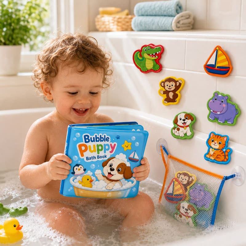 Custom Bubble Puppy Bath Book & Bath Toy Set – Waterproof Baby Gift Set custom artwork and logo detail