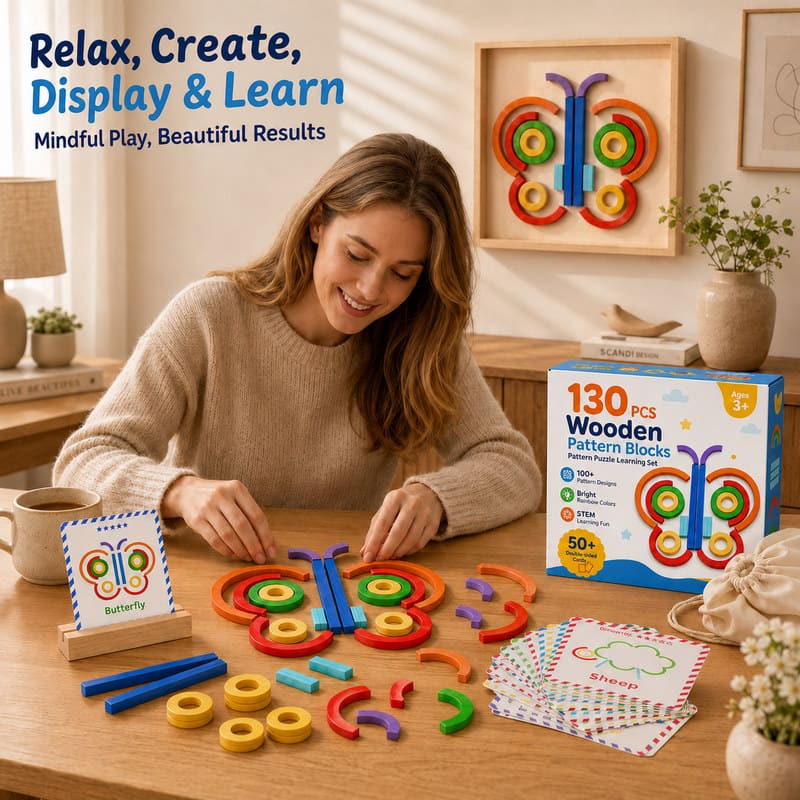 Butterfly Wooden Pattern Blocks Puzzle Set completed puzzle view