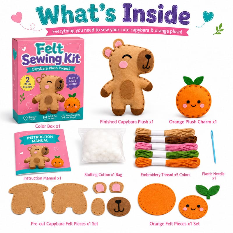 Capybara Felt Sewing Kit kit contents view