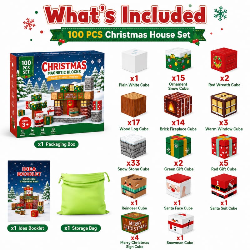 Christmas Magnetic Building Blocks Set puzzle pieces and layout view
