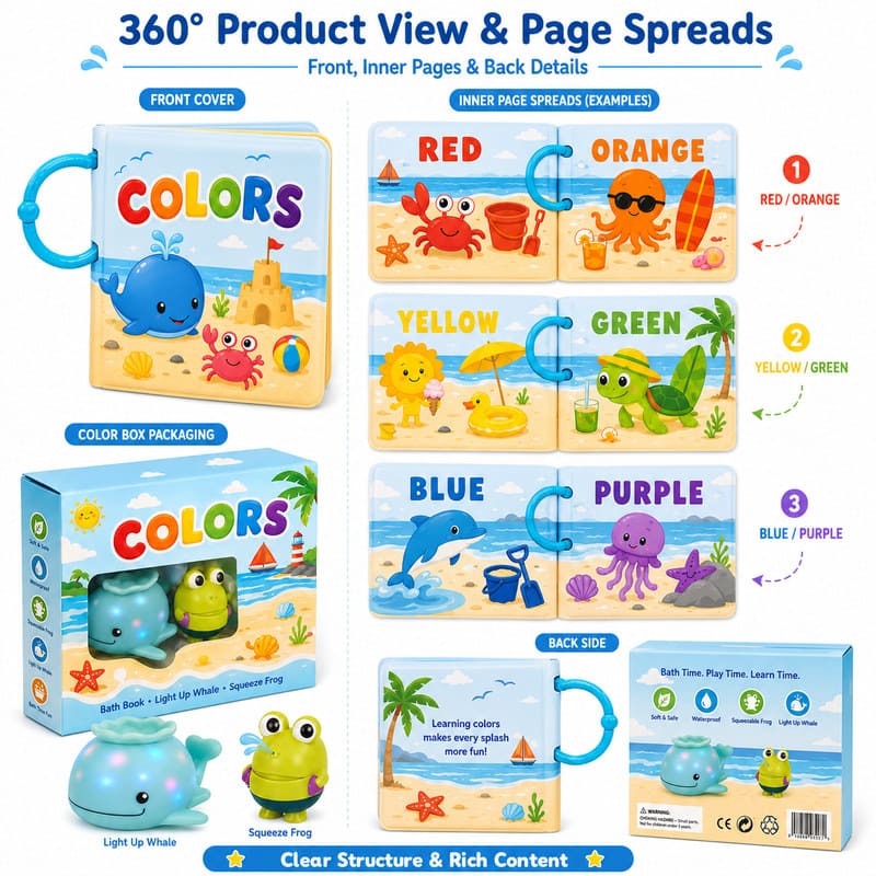 Custom Colors Bath Book & Bath Toy Set – Waterproof Learning Set cover and page view
