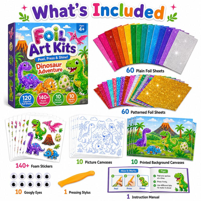 Dinosaur Adventure Foil Art Kit kit contents view
