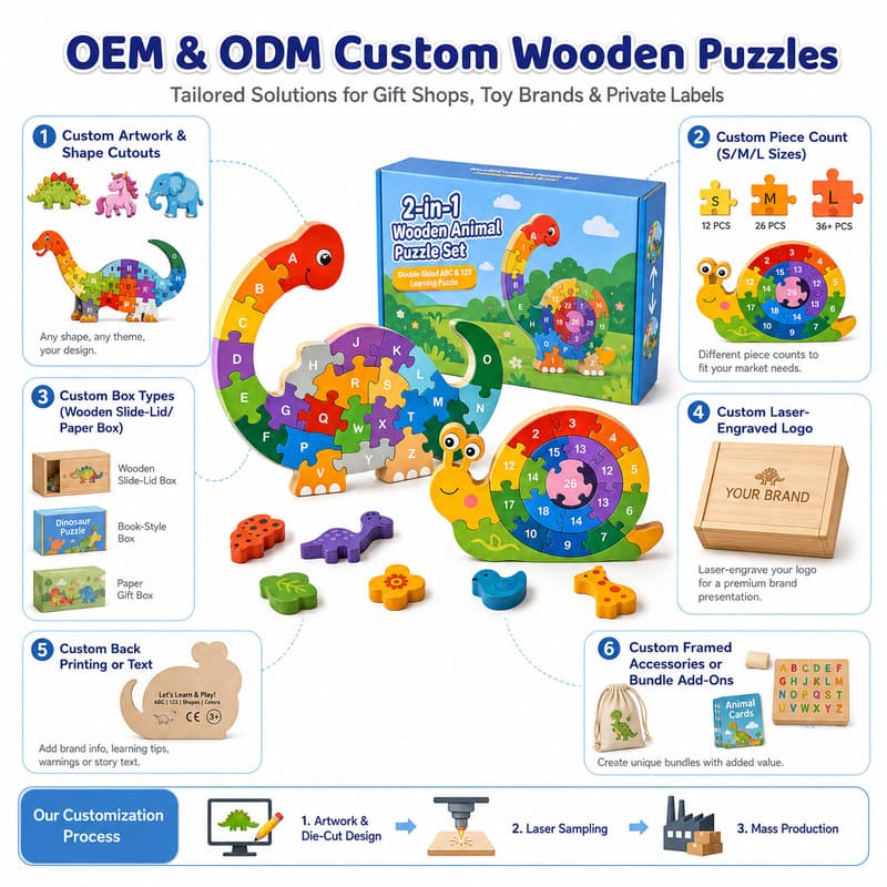 2-in-1 Dinosaur Alphabet & Snail Number Wooden Puzzle board and material detail
