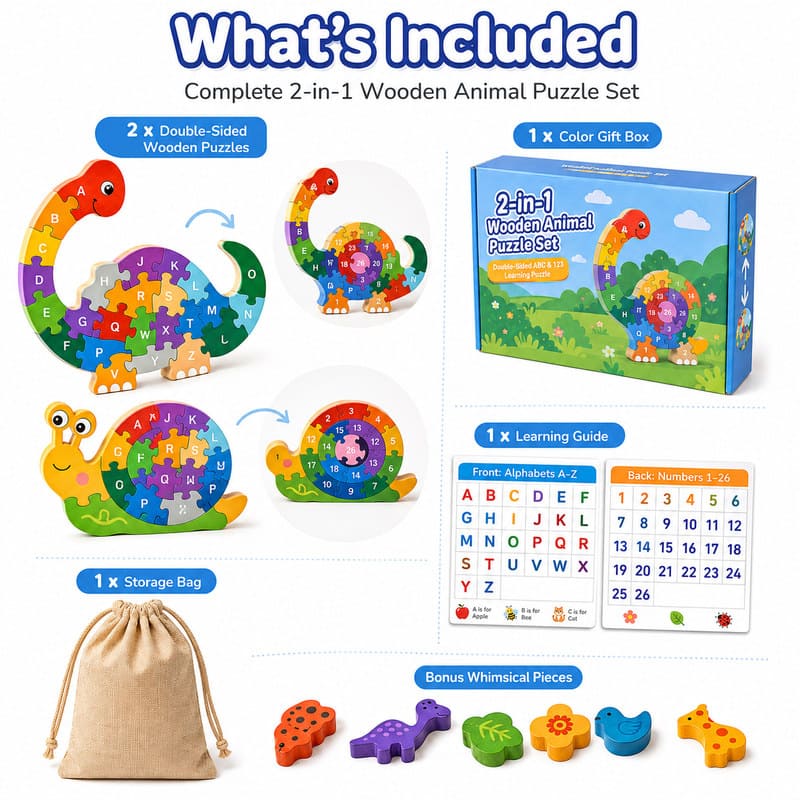 2-in-1 Dinosaur Alphabet & Snail Number Wooden Puzzle puzzle pieces and layout view