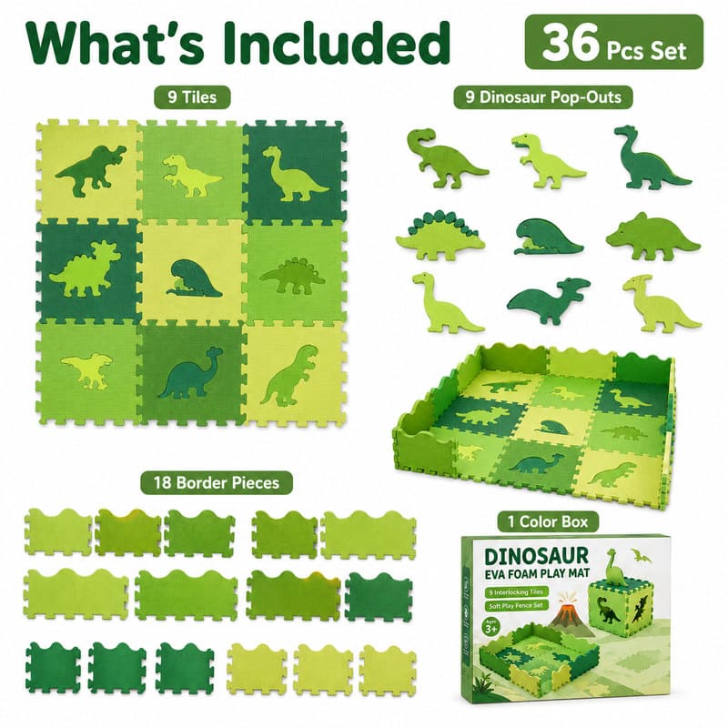 Dinosaur EVA Foam Puzzle Play Mat puzzle pieces and layout view