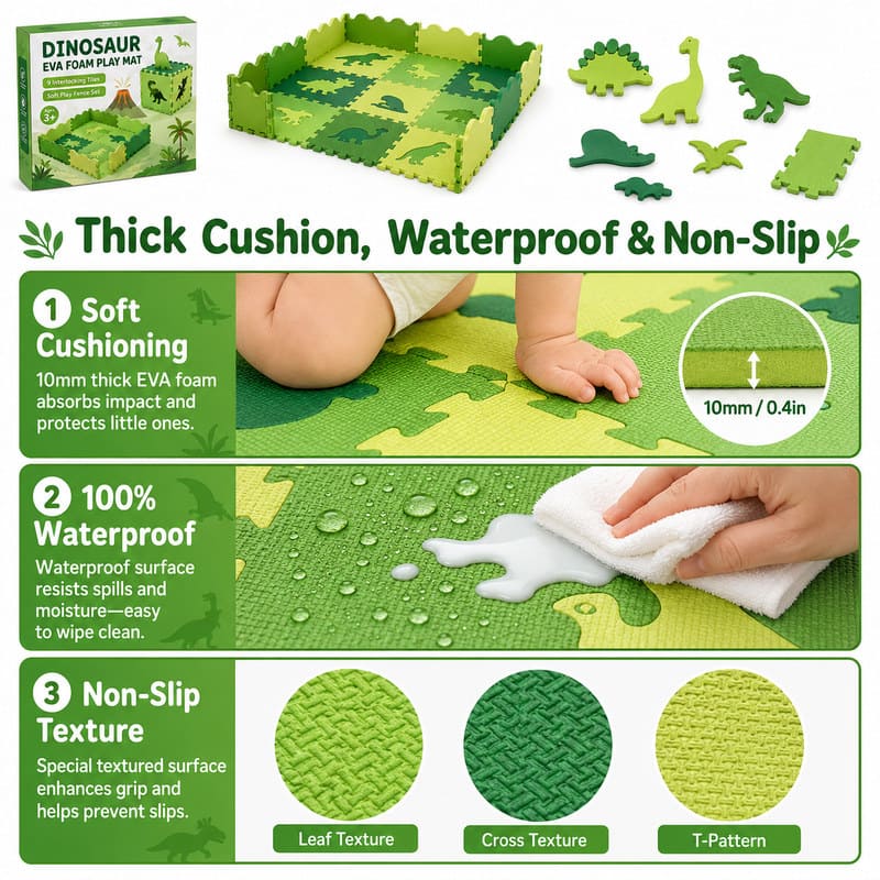 Dinosaur EVA Foam Puzzle Play Mat size and dimensions