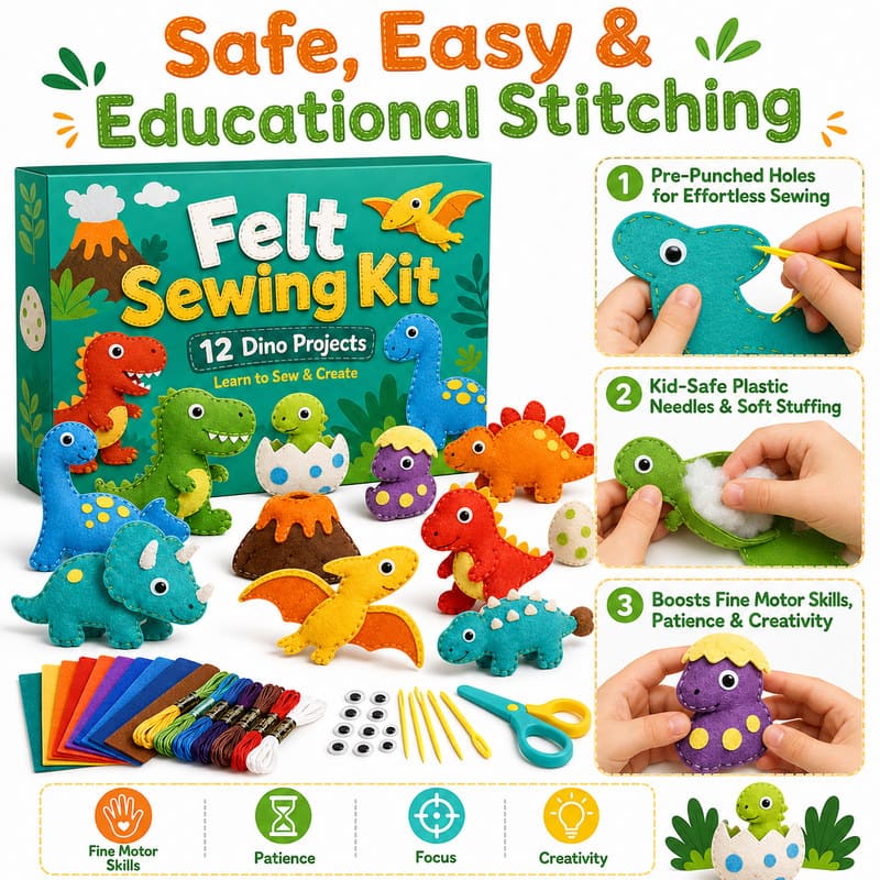 Dinosaur Felt Sewing Kit size and dimensions