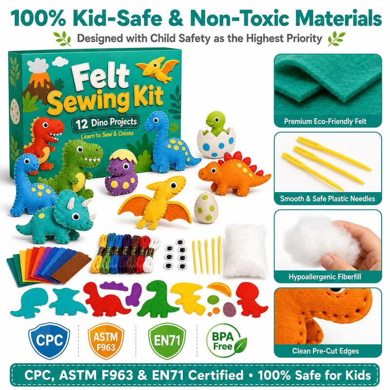 Dinosaur Felt Sewing Kit tools and accessories detail
