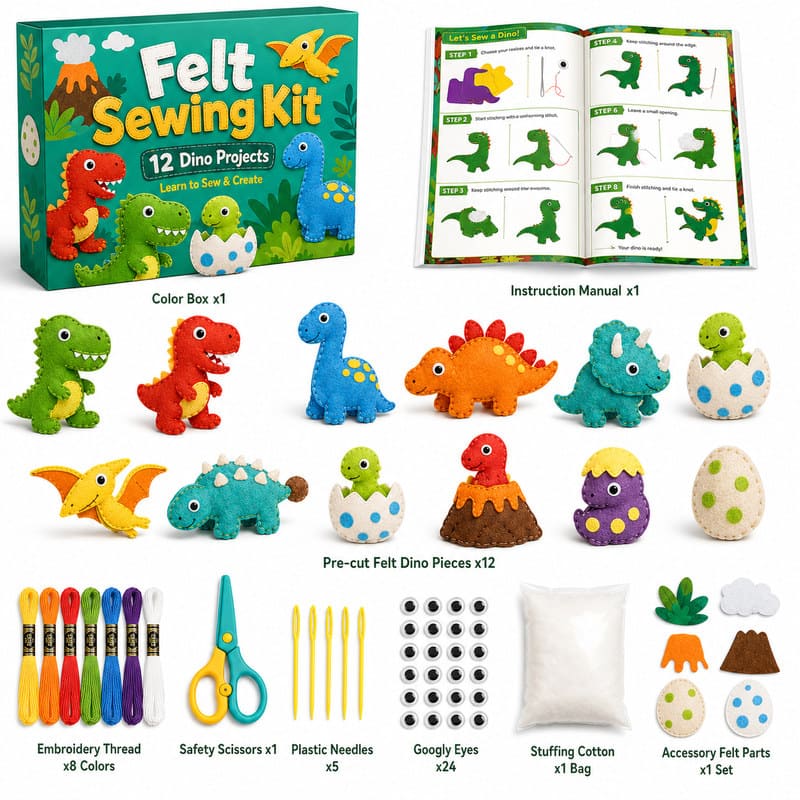 Dinosaur Felt Sewing Kit kit contents view