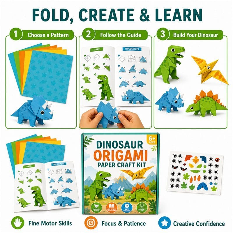 Dinosaur Origami Paper Craft Kit size and dimensions
