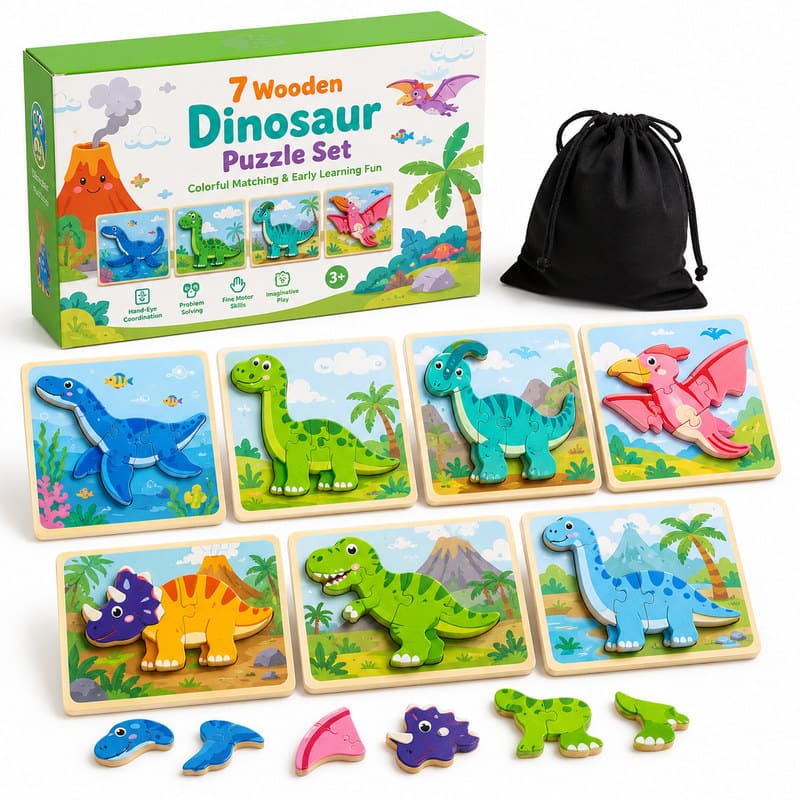 Dinosaur Wooden Puzzle Set front view