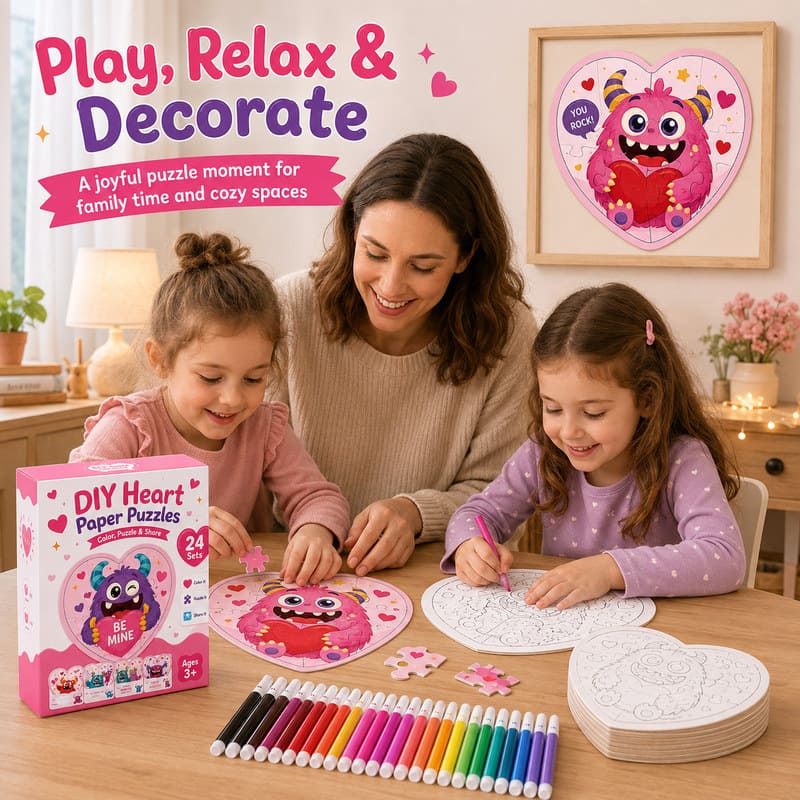 DIY Heart Coloring Paper Puzzle Set completed puzzle view