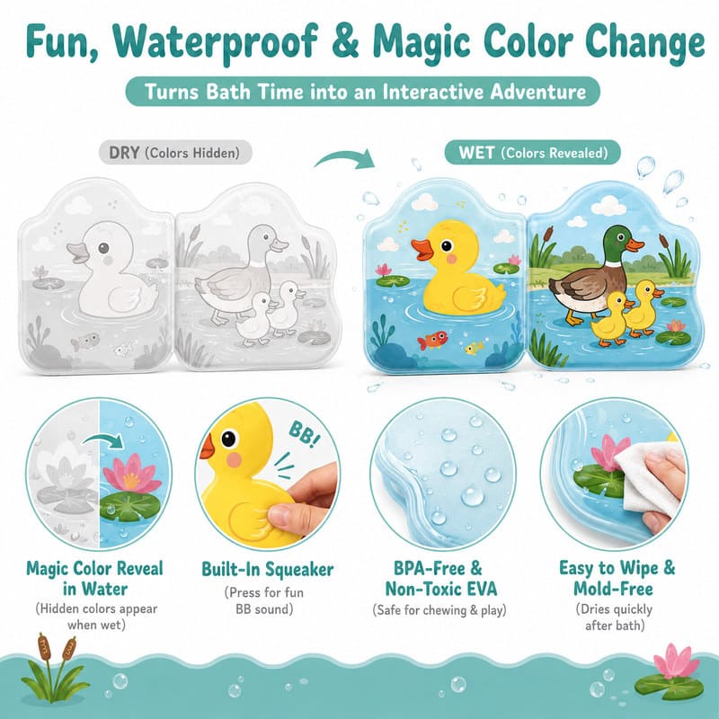 Custom Duck Friends Baby Bath Book – Waterproof Soft Color-Changing Book size and dimensions