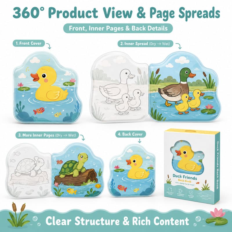 Custom Duck Friends Baby Bath Book – Waterproof Soft Color-Changing Book cover and page view