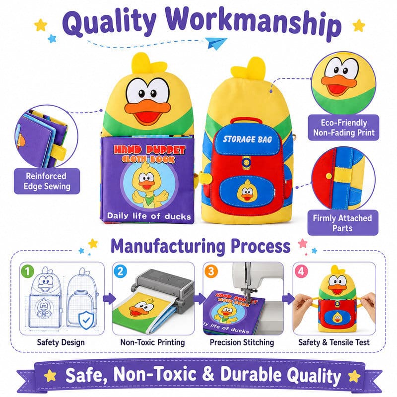 Duck Hand Puppet Cloth Activity Book waterproof material detail