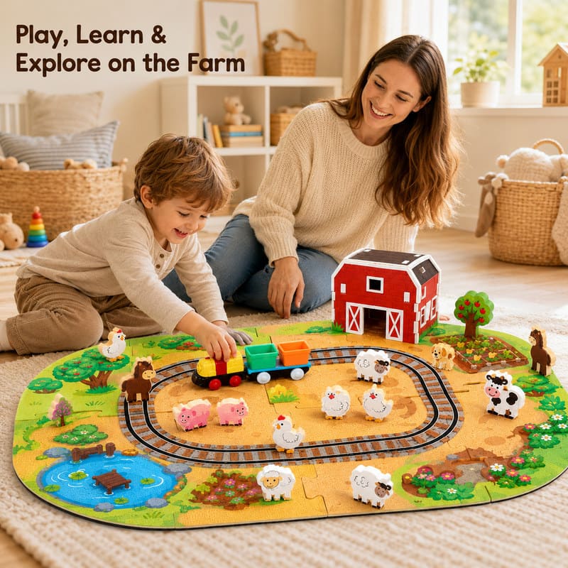 43-Piece Farm Animal Train Track EVA Foam Puzzle Set completed puzzle view