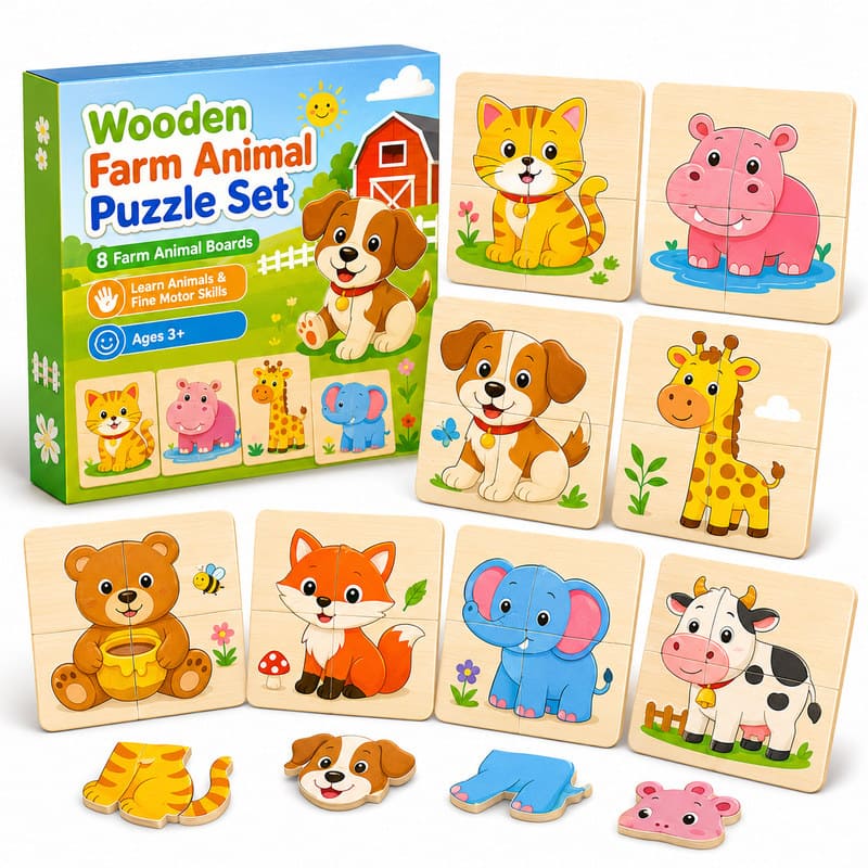 Farm Animal Wooden Puzzle Set front view