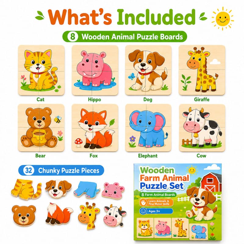 Farm Animal Wooden Puzzle Set puzzle pieces and layout view