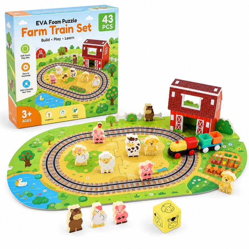 43-Piece Farm Train Set EVA Foam Puzzle Play Mat front view