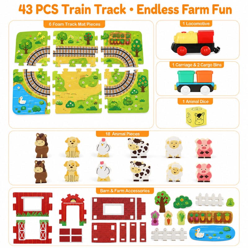 43-Piece Farm Train Set EVA Foam Puzzle Play Mat puzzle pieces and layout view
