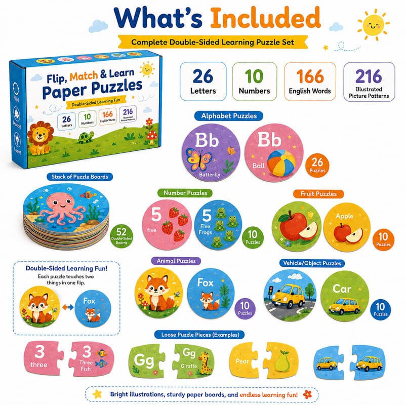 Flip Match Learn Educational Paper Puzzle Set puzzle pieces and layout view