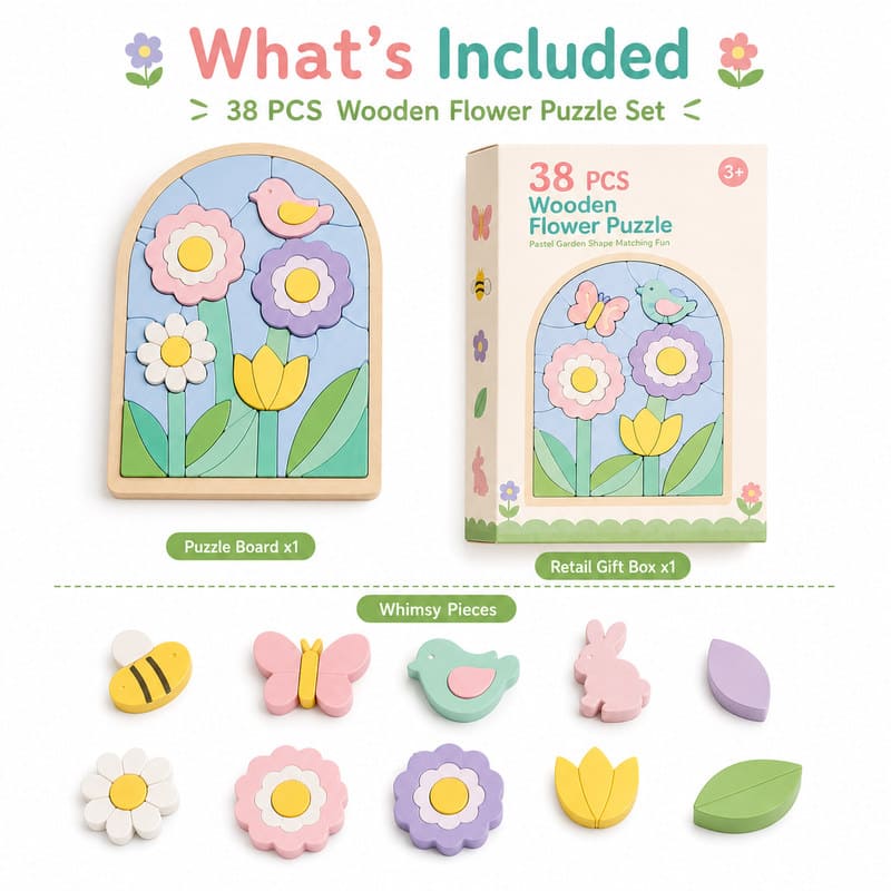 Flower Wooden Puzzle Set puzzle pieces and layout view