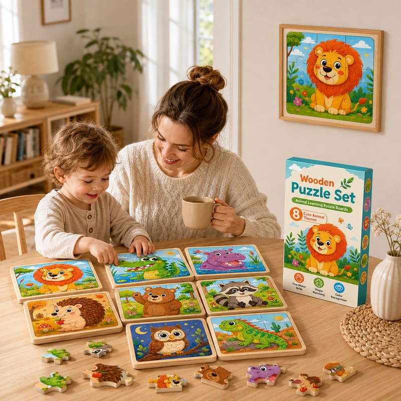 Forest Animal Wooden Puzzle Set completed puzzle view