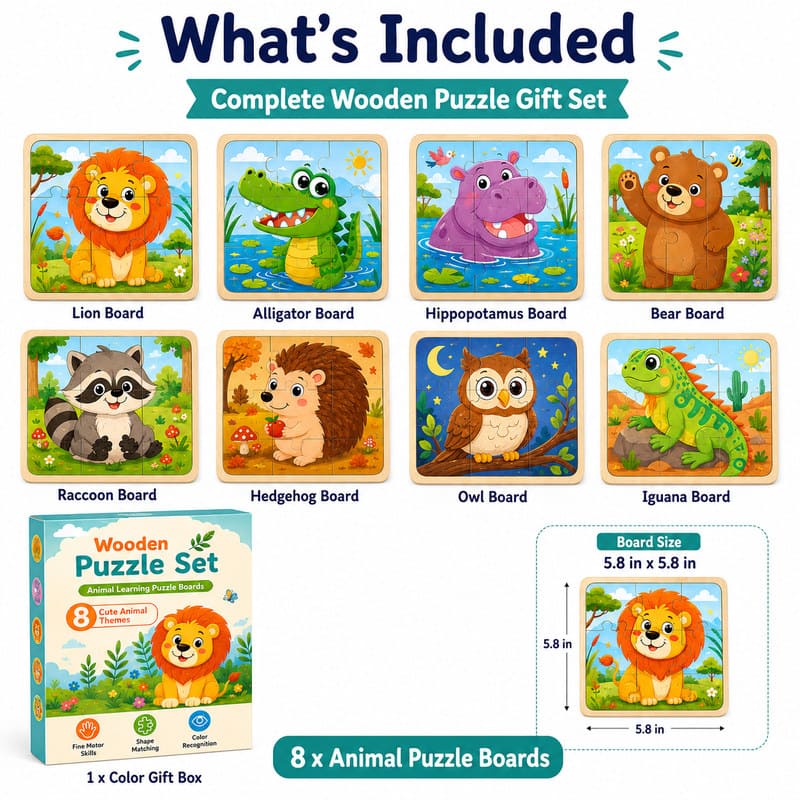 Forest Animal Wooden Puzzle Set puzzle pieces and layout view