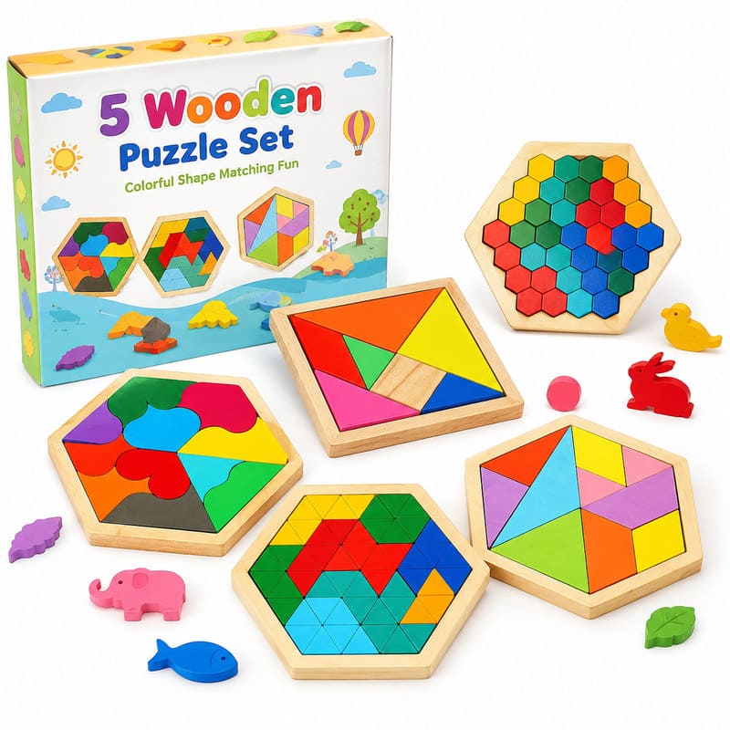 Geometric Wooden Shape & Tangram Puzzle Set front view
