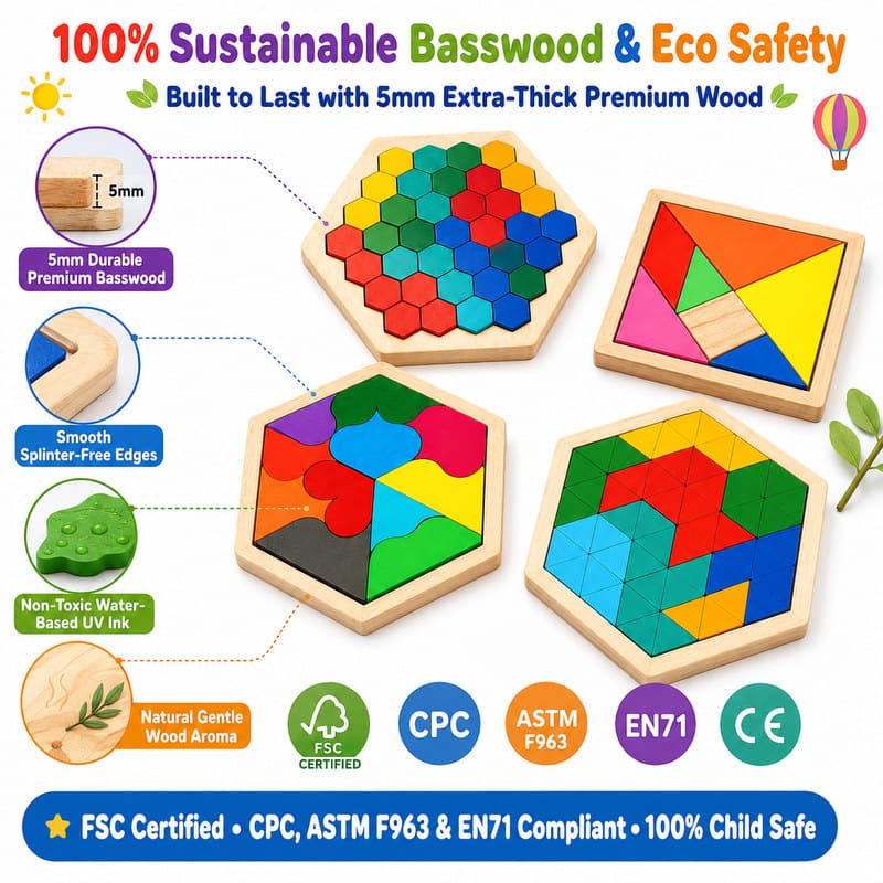Geometric Wooden Shape & Tangram Puzzle Set printing detail