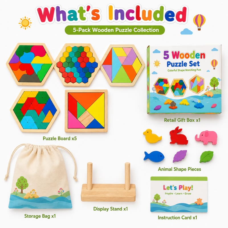 Geometric Wooden Shape & Tangram Puzzle Set puzzle pieces and layout view