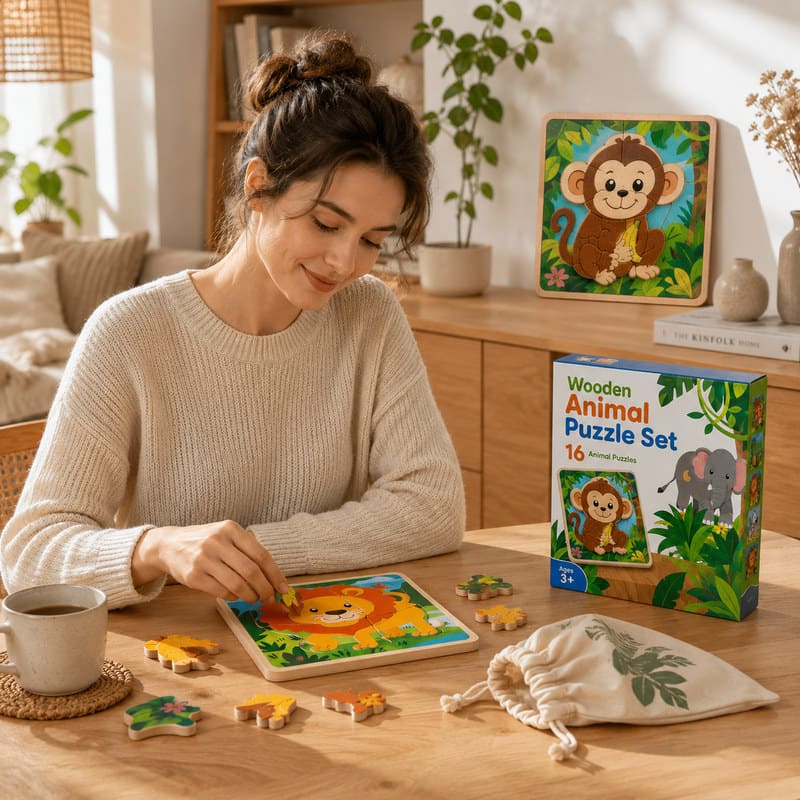 Jungle Animal Wooden Puzzle Set completed puzzle view