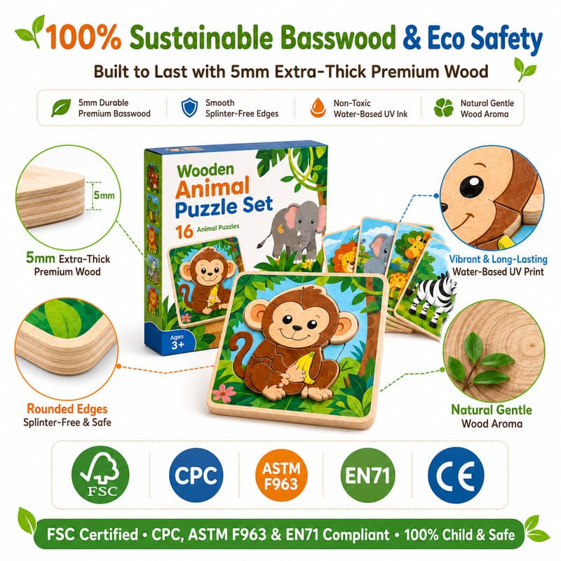 Jungle Animal Wooden Puzzle Set printing detail