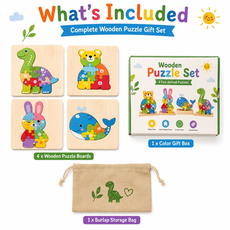 4-Piece Jungle Animal Wooden Puzzle Set puzzle pieces and layout view