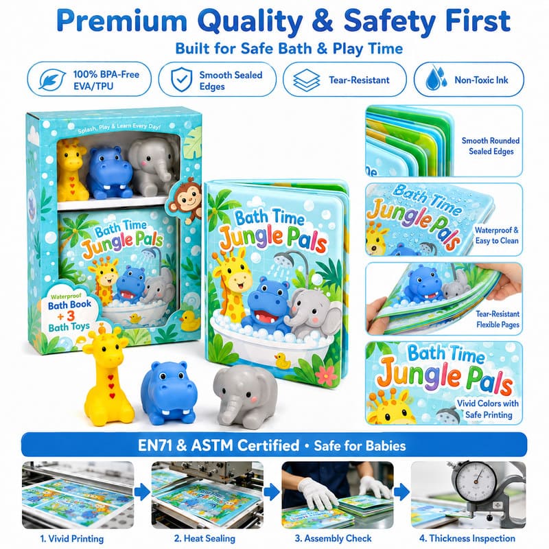 Custom Jungle Pals Bath Book & Bath Toy Set – Waterproof Baby Set waterproof material detail