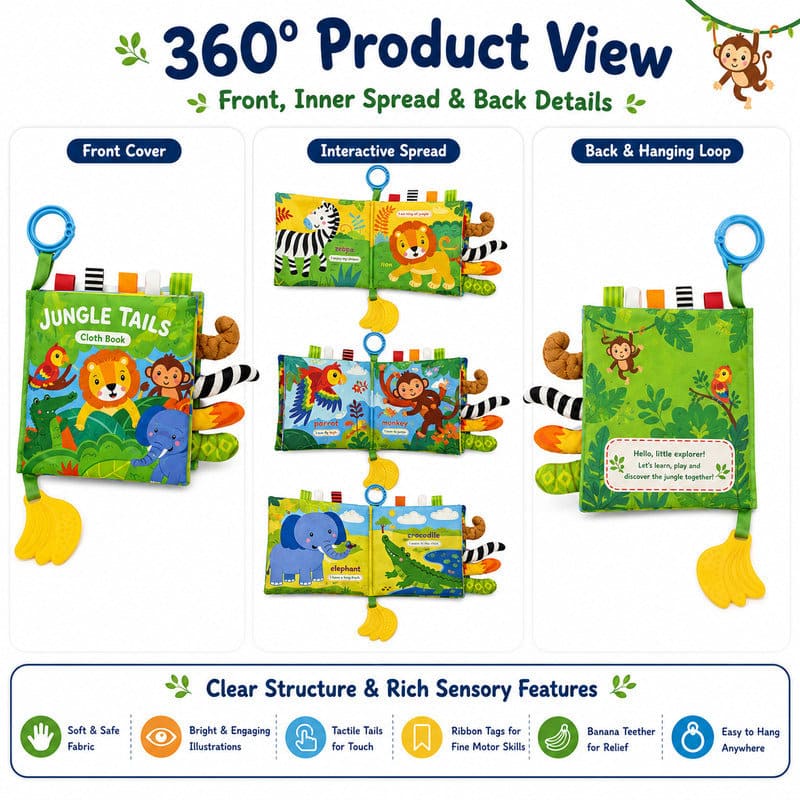 Jungle Tails Baby Fabric Activity Book set contents view