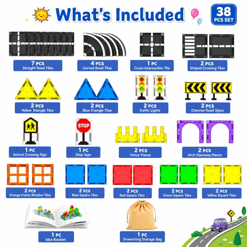 Magnetic Road Tiles Playset puzzle pieces and layout view