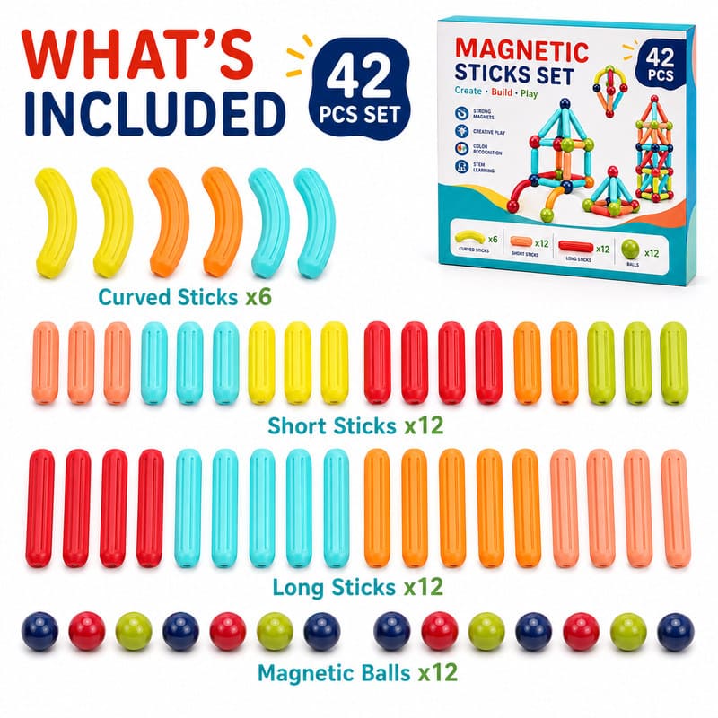 Magnetic Sticks and Balls Creative Set puzzle pieces and layout view