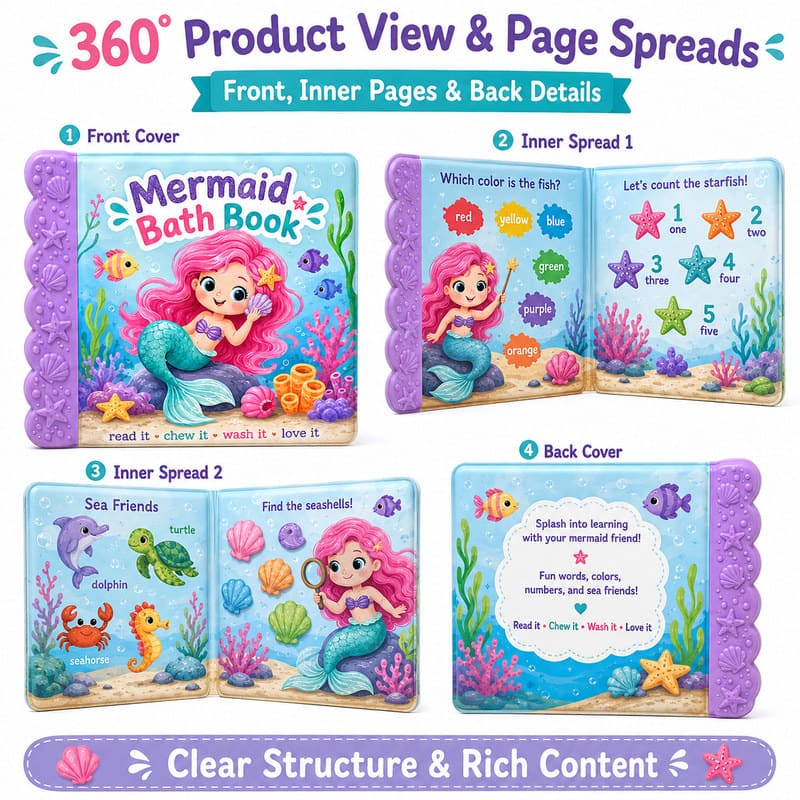 Custom Mermaid Color Changing Bath Book – Waterproof Magic Bath Book cover and page view