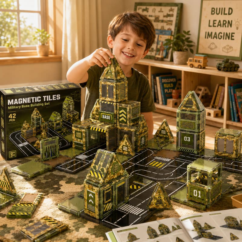 Military Base Magnetic Tiles Set completed puzzle view